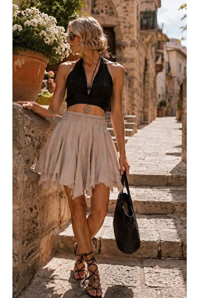 ibeeka Fustă asimetrică din in, în straturi, stil Boho Chic, cu pantaloni scu...