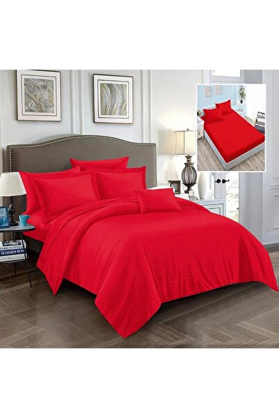 OEM Red Cotton Damask Bedding Set, 6 Pieces