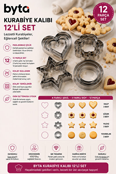 BYTA 12-Piece Stainless Steel Cookie Mold Set – Heart Flower Star Round Shape...