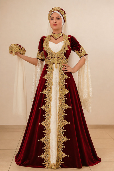 atölyekaftanbutik Bordo Gold kaftan bindallı tam takım 6 parça