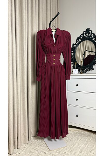 MYGROUP Luxury Pleated Dress with Long Sleeves and Gold Buttons