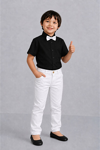 NATS KİDS Boy's Black Shirt, White Trousers, Bow Tie, Groom's Suit, Special O...