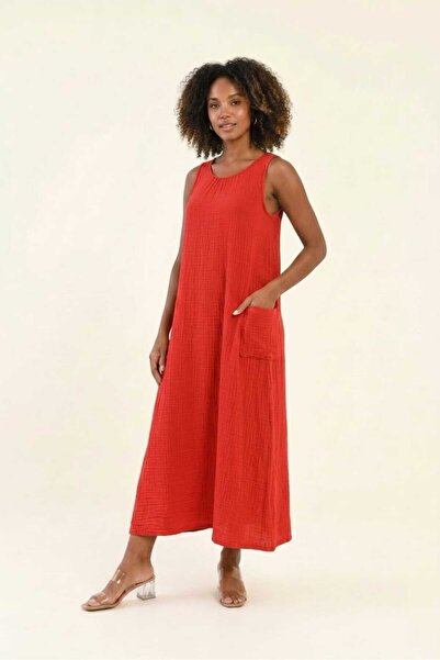 PORİENTO Coral Red Women's 100% Cotton Muslin Fabric Pocketed Sleeveless Long...