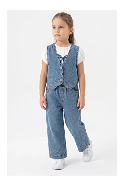 Mini Baray Girl's Cotton T-Shirt with Stone Detail and Wide Leg Jeans 3-Piece...