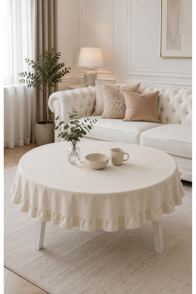 linea natura home Keten Fırfırlı Yuvarlak Masa Örtüsü Vintage Bohem Dekoratif...