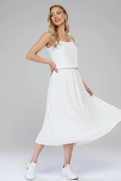 Pitti Women's White Dress with Rope Detail and Flared Circle Skirt 51017