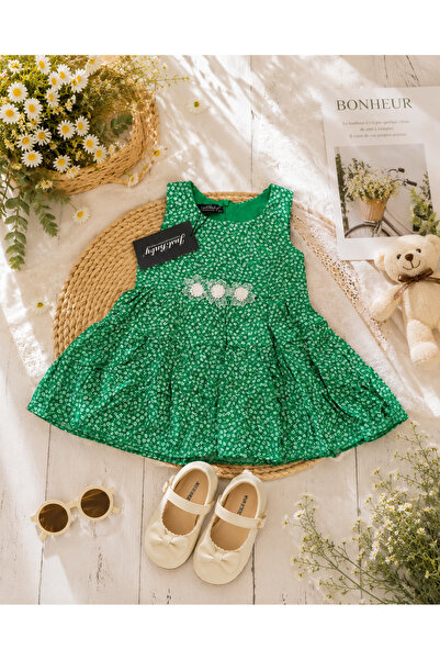 justbaby Yeşil Çiçek Desenli Viskon Kız Çocuk Elbise