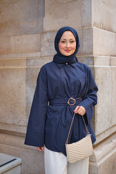 LOCCO Women's Buckle Detailed Long Belted Shirt Navy Blue