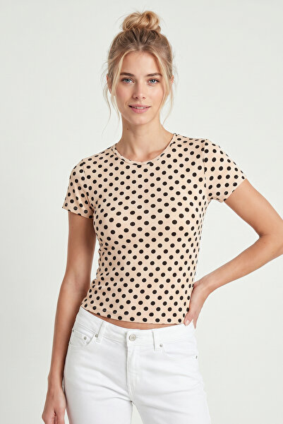 Lovelyİstanbul Polka Dot Patterned Polyamide T-Shirt Lzv0083 Cream