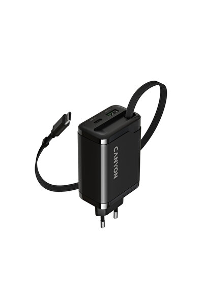 CANYON Incarcator OnCharge 65RC, 65W, cu cablu USB-C integrat, PD + QC, Negru