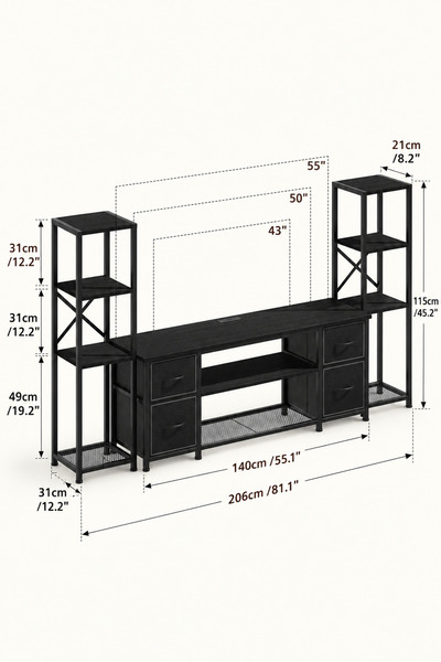 Yanara farmhouse TV stand UK charging and LED lights. Features industrial she...