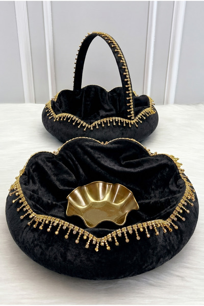 ZEYMERADE Black Bridal Henna Night Tray Basket Set, Velvet Shiny Stone Decora...
