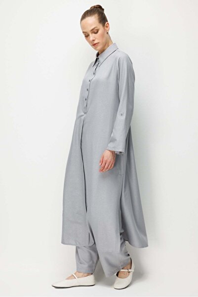 Micca Kum Desen Maxi Tunik ve Pantalon Kombin Takım-Gri