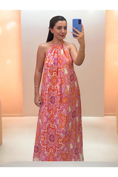Sorella Boutique Şal Desen Boyundan Bağlamalı Elbise