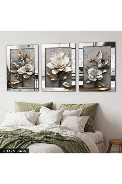 Evinemoda Textured Appearance Gray and White Flower 3-Piece Plexiglass Mirror...