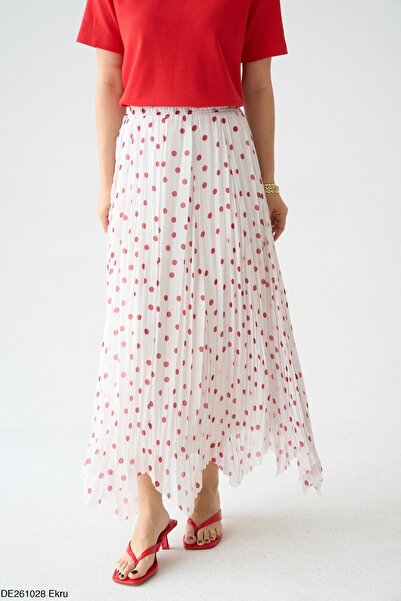 QUSTYLE Polka Dot Asymmetrical Cut Pleated Long Skirt - Red