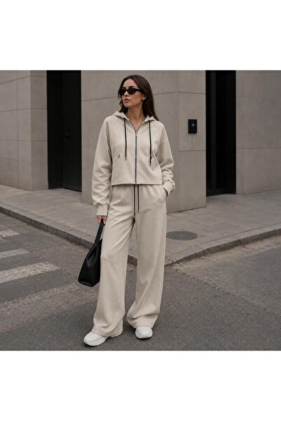 Mİ TİA ATELİER Women's Modal Fabric Relaxed Fit Hooded Top and Bottom Set