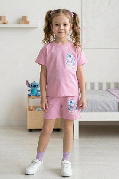 NOBLEKIDS طقم تي شيرت وشورت صيفي مطبوع عليه ستيتش للفتيات باللون الوردي