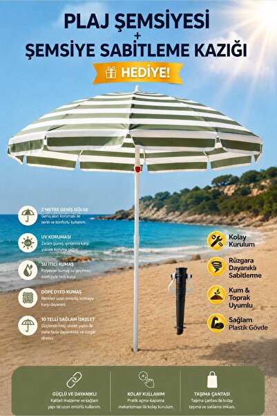 Fidan oyuncak 2 Metre UV Korumalı 10 Telli Plaj Şemsiyesi + Sabitleme Kazığı ...