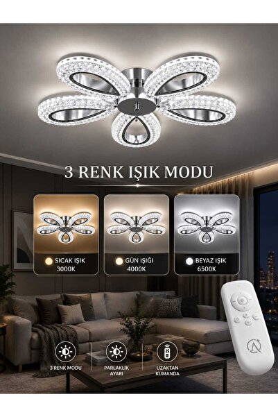 MAVERALİGHTİNG YAGMUR 5 KOLLU AVİZE 3 RENK LED ISIKLI KUMANDALI SALON AVİZE M...