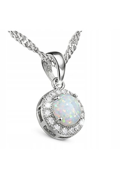 Larezo Colier Din Argint 925, Pandantiv Cu Opal Alb Rotund Si Zirconii Cubice...