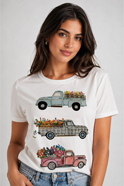 MetuCA Women's White Car Printed Cotton T-Shirt Pearl Stone Embroidered Blouse