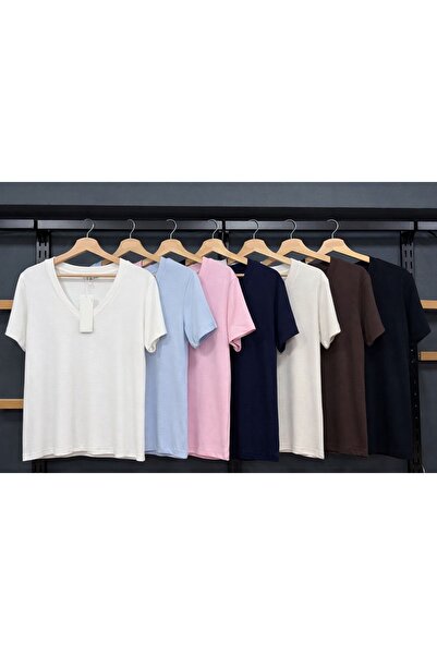 Mavi V yaka T-shirt