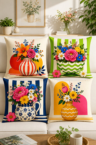 ayshome textile Ays Home Bahçe Çiçek Desenli Dekoratif Kırlent Kılıfı (Çift Taraf Baskılı )
