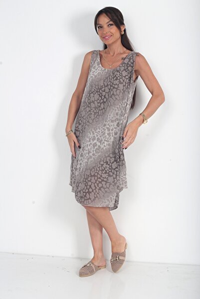 By Saygı Women's Italian Cotton Collar Elastic Lined Leopard Zero Sleeve Midi...