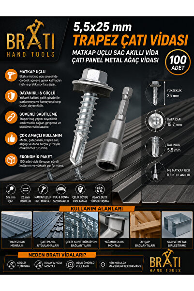BRATİ HAND TOOLS 5,5X25 Çatı Vidası Trapez Sac Vidası Matkap Uçlu Sac Çatı Pa...