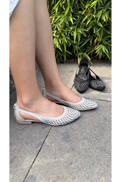 DERİ KABUSU Women's flats with open sides and stones