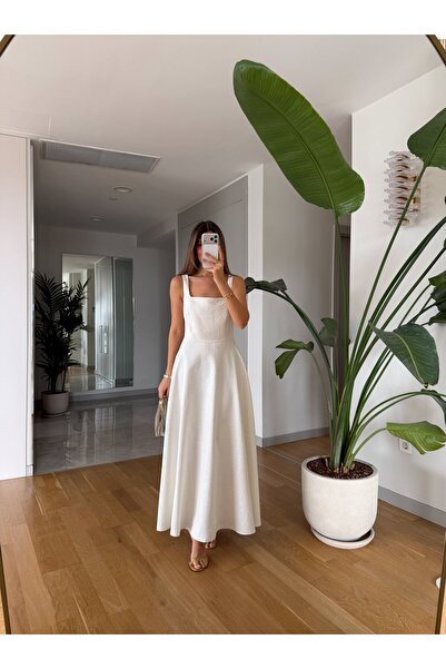 MERVE AKSOY Kare Yaka Jakarlı Midi Elbise - Ekru