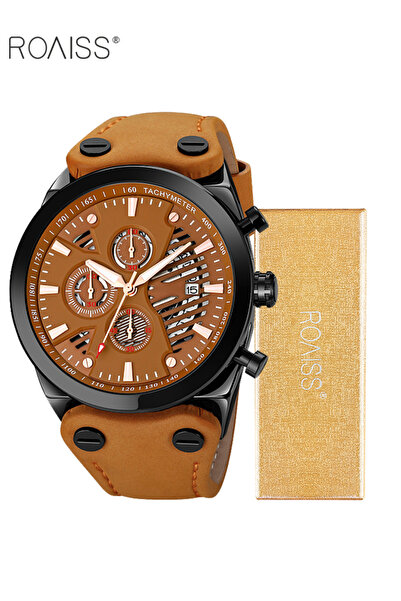 ROAISS Men's Quartz Watch with Leather Strap Round Dial Chronograph Three Sub...