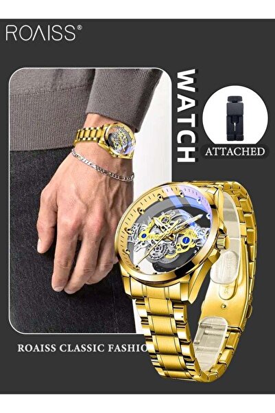 ROAISS Mens Quartz Watch Alloy Strap Skeleton Transparent Dial Waterproof Lum...