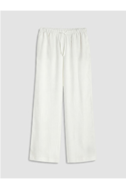 LC Waikiki New Season White Women's Trousers with Elastic Waist in Linen Blend