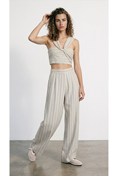 Quzu Stripe Detailed Women's Canvas Trousers Pnt02058 Natural