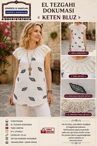 GÜMÜŞTEL EL SANATLARI Handwoven Linen Blouse 100% Handcrafted