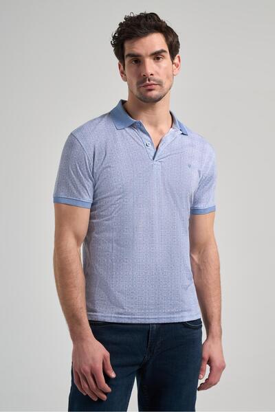 İmza Blue Short Sleeve Printed Pique Polo Collar Pocketless Flexible Casual S...