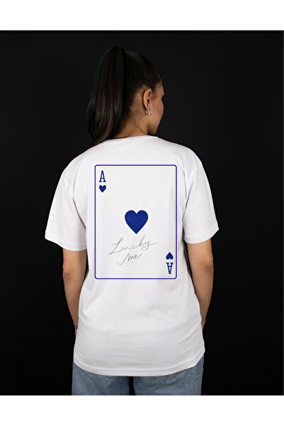 Krays Lucky Me Playing Card Design Unisex White Cotton T-Shirt - Blue Heart D...