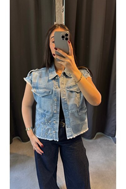 N&A BUTİK Taş Ve Apoletli Denim Yelek Açık Mavi