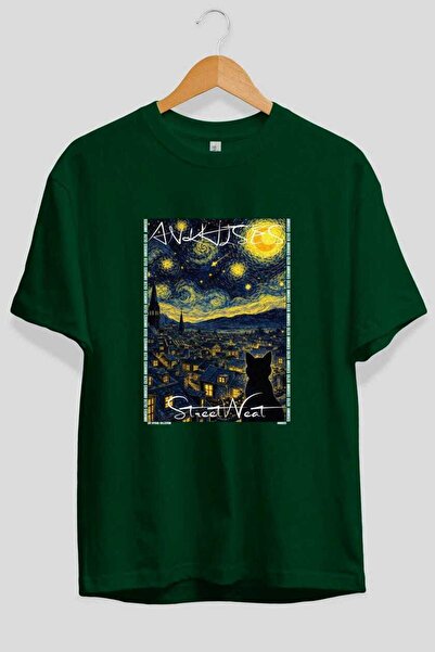 Ankhises For the Sake of Cat Love 65 Front Cat Printed Green Oversize T-Shirt...