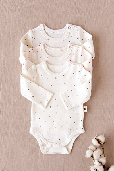 100% Cotton Pointel Long Sleeve Baby Bodysuit Set of 3 - Green, Pink, Purple Heart
