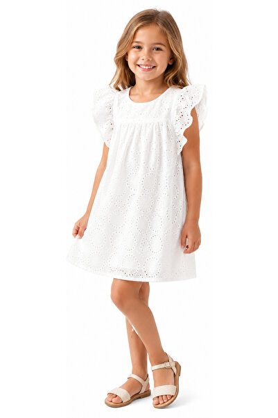 İrem Çocuk Giyim Girl's Flounce Sleeves, Scalloped Floral Embroidery, Button ...