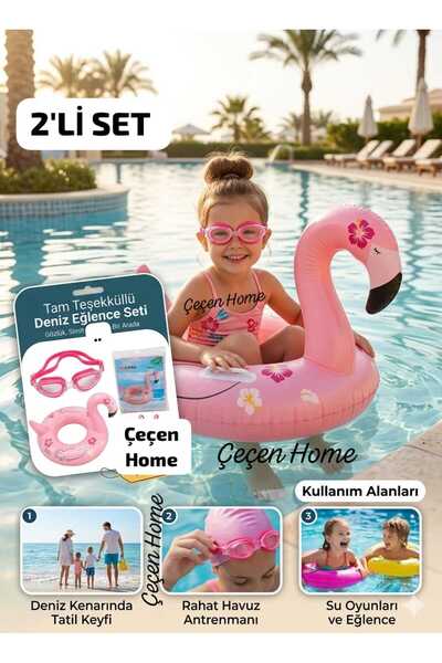 ÇEÇEN HOME Flamingo Children's Swim Ring and Children's Swimming Goggles Set,...