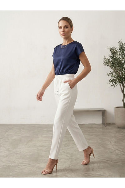 Milera White Elastic Waist Lace-Up Comfortable (Classic/Carrot) Cut High Waist Double Fabric Trousers