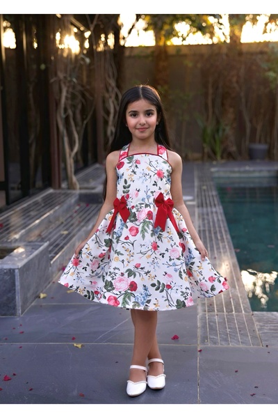 Moky Design Girls' Floral Dress Elegant Red Bowknots