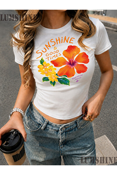 LUMSHİNE White Women's Lycra Short Sleeve Floral Summer Design Printed Body-H...