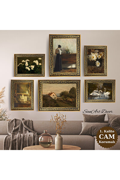 Sanart Vintage Çerçeveli Yağlı Boya Tablo Seti, 6 Parça Çerçeveli Tablo Seti,...