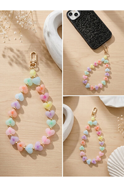 Mesnal Pastel Renkli Kalp Boncuklu Telefon Zinciri - Gold Detaylı Telefon Ask...