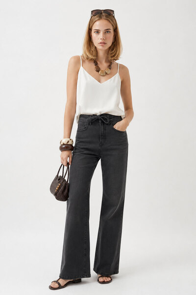 VENA Wanda Belt Detailed Black Wide Leg Lyocell Jean Trousers-Black